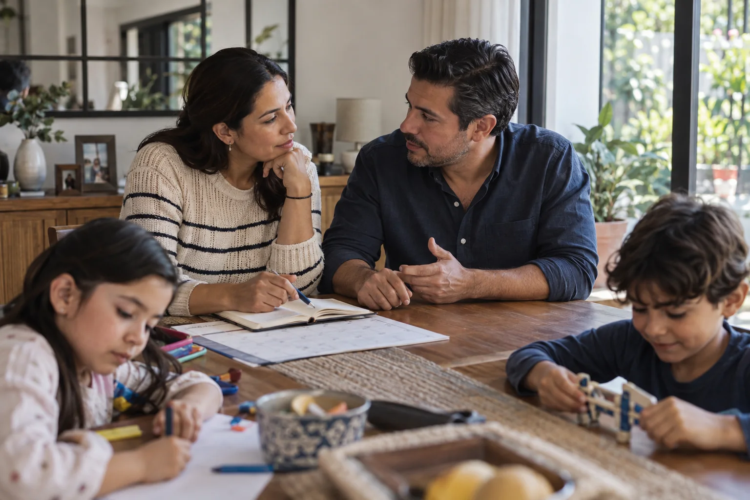 Familia conversando y organizando decisiones importantes en casa