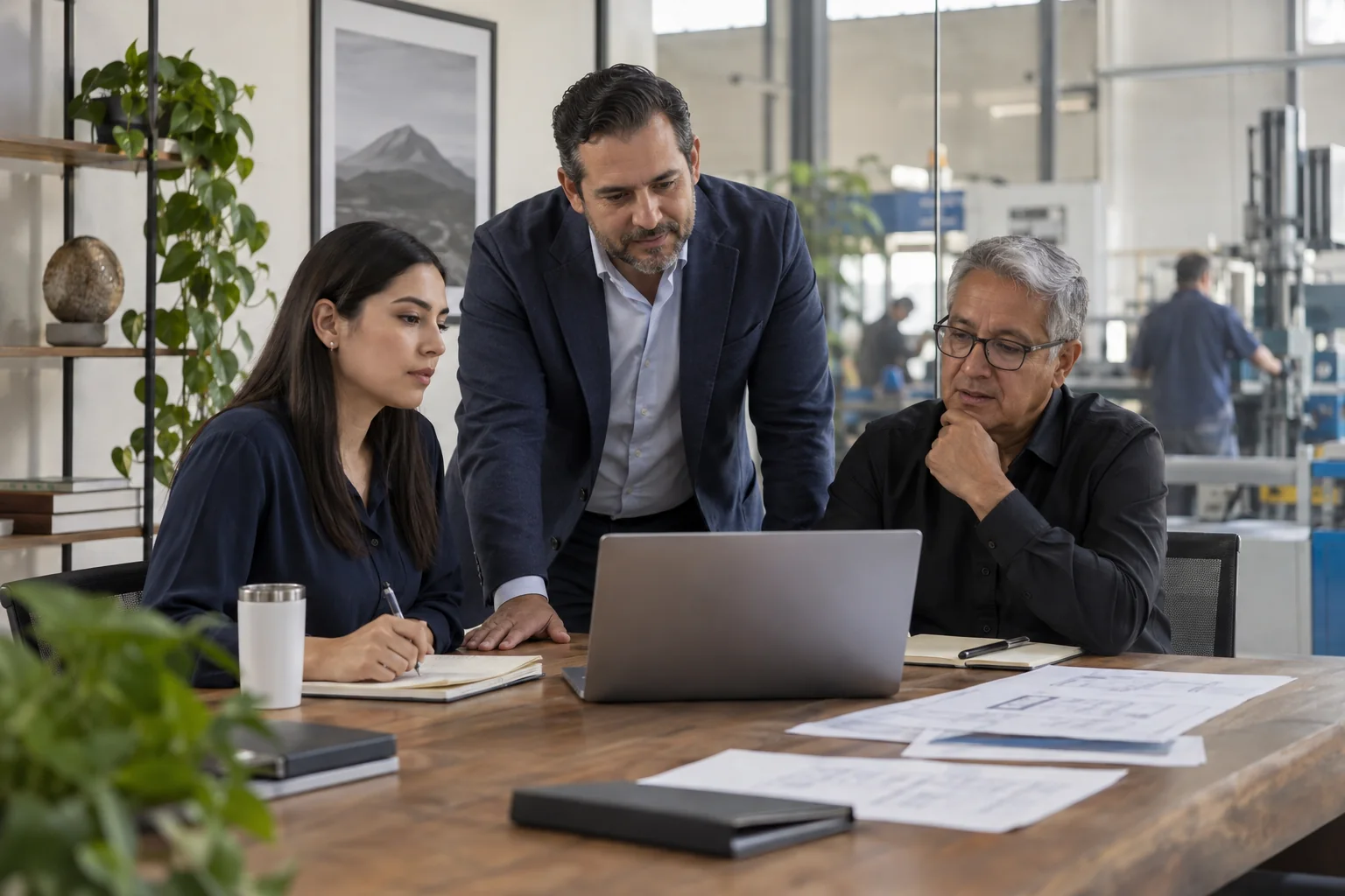 Empresario y equipo revisando decisiones de continuidad del negocio